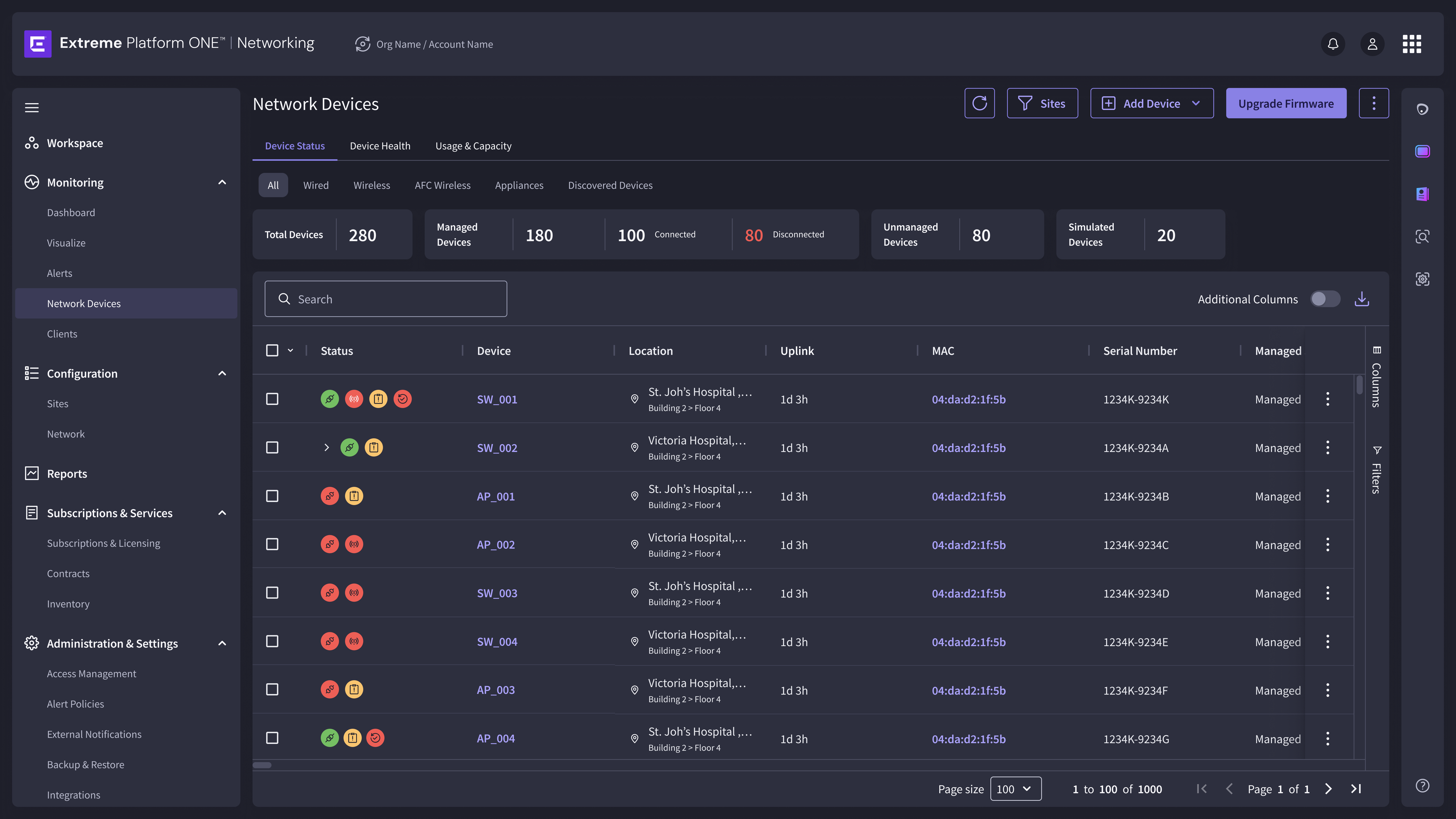 EP1 Network Devices — table view showing device list with status, type, and filter controls